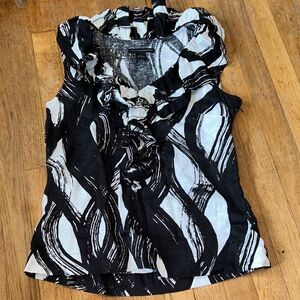 Grace‎ Elements 100% Linen Black and White Abstract Ruffle Blouse Sleeveless sz8